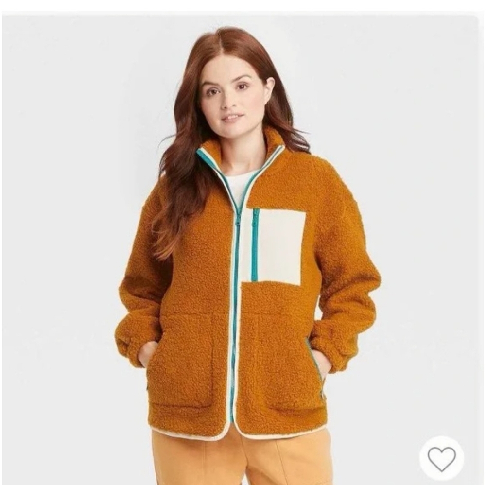 Cozy Sherpa Zip-Up Jacket in Amber with Contrast Trim Sz XS